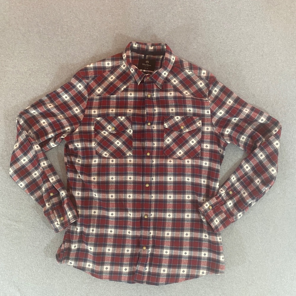 Wind River Mens Pearl Snap Western Shirt Red Blue Plaid Modern Fit Medium